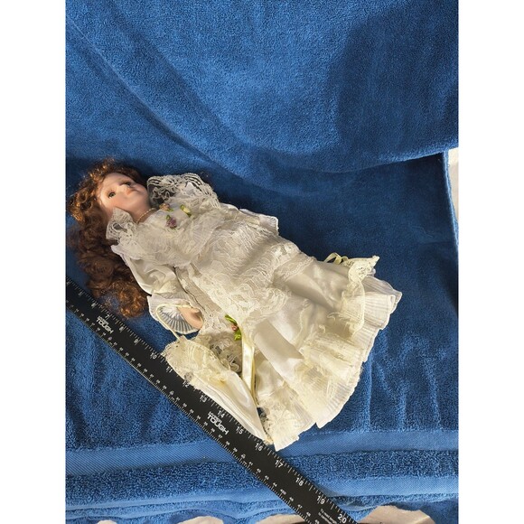 Cathay Collection Porcelain Doll with Satin And Lace Dress and Curly Hair - Picture 8 of 9